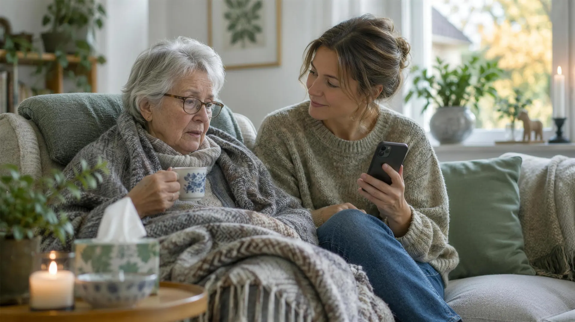 En äldre kvinna med en kopp te under en filt och en yngre kvinna med mobilen i soffan