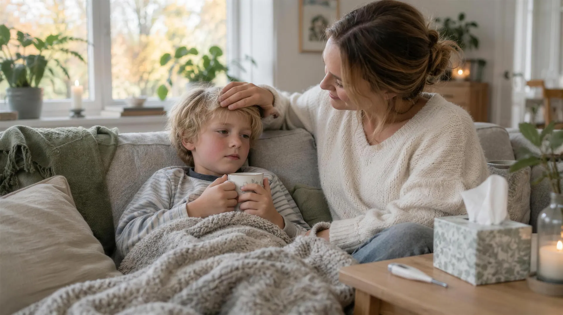 En förälder tar hand om ett sjukt barn i soffan