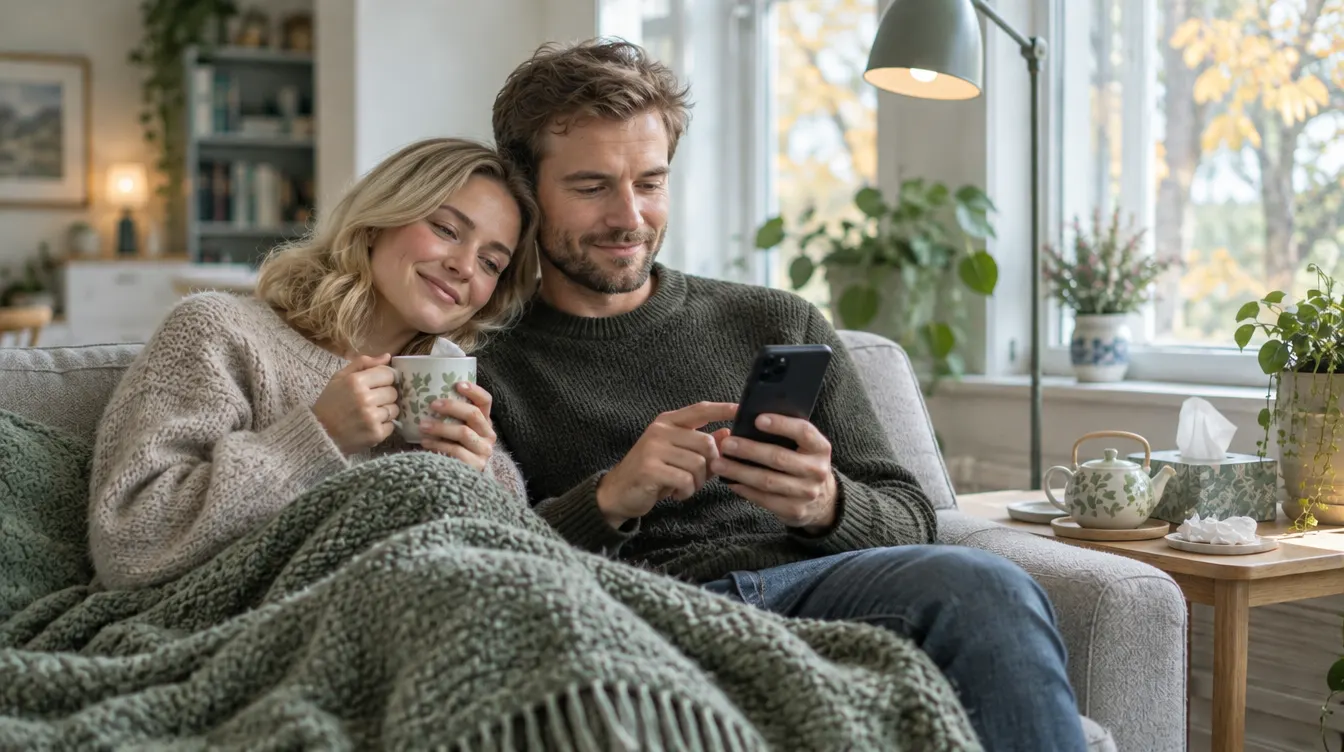Ett par sitter i en soffa under en filt, hon med en kopp och han med mobilen